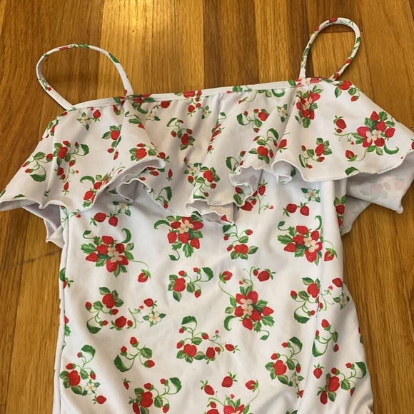 PQ Swim Girls White Ruffled One Piece Swimsuit With Strawberry Print Size 12 - Picture 2 of 7
